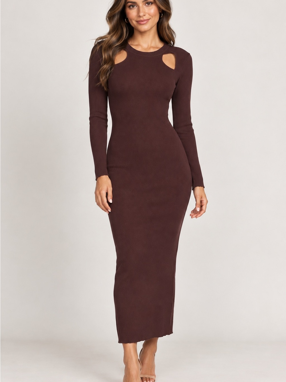And Now This Chocolate Brown Ribbed Cutout Midi/Maxi Dress